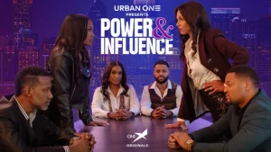 URBAN ONE PRESENTS POWER & INFLUENCE - Six professionals in business attire gathered around a table against a purple-lit cityscape backdrop, ONE ORIGINALS logo visible.