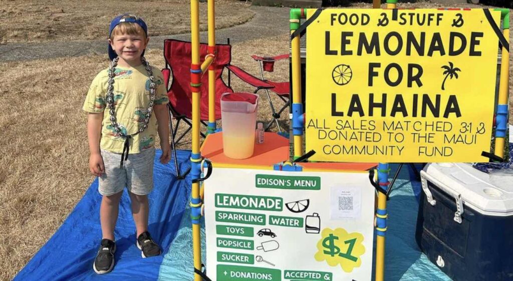 A little boy standing at a Lemonade stand he made