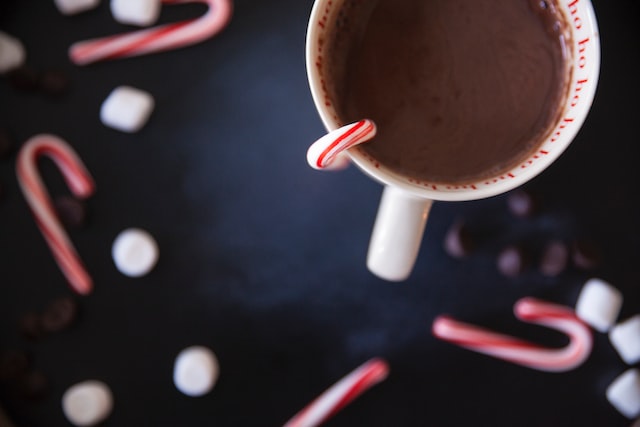 Hot chocolate in a mug with peppermint candy canes around the mug